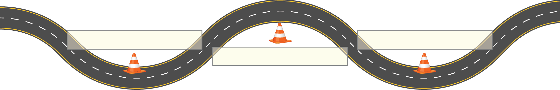Curving road graphic with orange traffic cones marking turning points along the way.